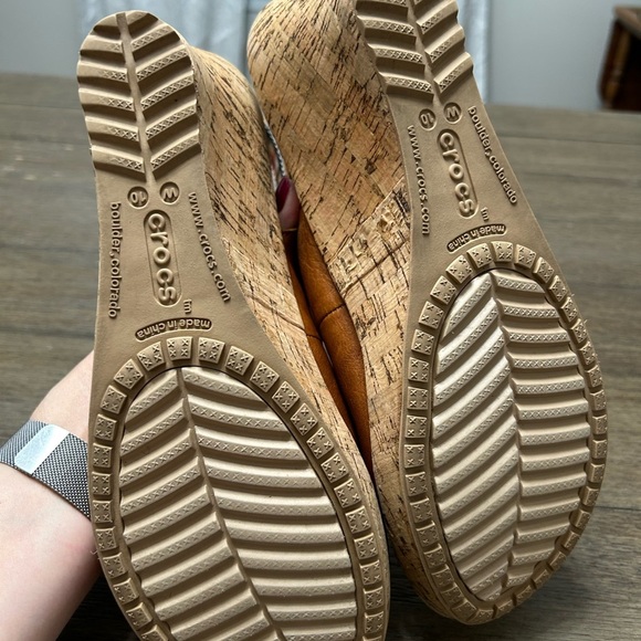 Crocs Women's A-Leigh Cork Heel Peep Toe Leather Slingback Tan Sandals Size‎ 10 - Picture 8 of 14